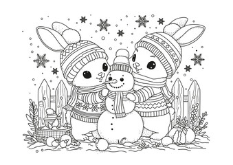 Naklejka premium Two cute bunnies in winter hats and a snowman. A coloring page with a Christmas and New Year's theme. Black and white illustration for coloring.