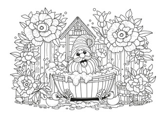 A cute gnome takes a bath, sitting against a backdrop of a fence and flowers. Adult coloring page. Black and white illustration for coloring.