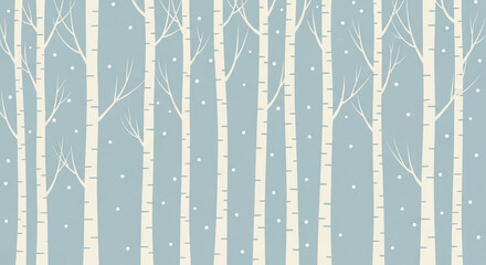 Winter birch tree forest with falling snow on blue background illustration