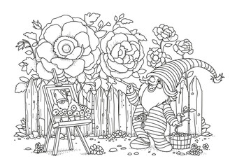 A cute gnome in pajamas and a hat is painting a picture in his garden by the fence. This coloring page is for children and adults. This black and white illustration is perfect for coloring.
