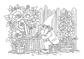 A gnome in a suit sits and works at a computer against a backdrop of a wooden fence and flowers. This coloring page is for children and adults. Black and white illustration for coloring.