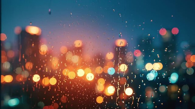Raindrops sliding down a window pane in the evening, with colorful city lights and bokeh in the background, creating a moody, cinematic, and atmospheric urban scene.