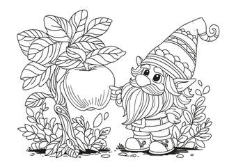 A cute gnome points at an apple tree with a large apple. Coloring page for kids and adults. Black and white illustration for coloring.
