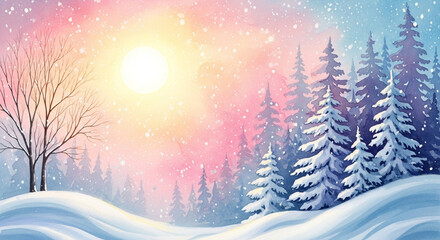 Winter landscape with snow covered trees and hills in watercolor style