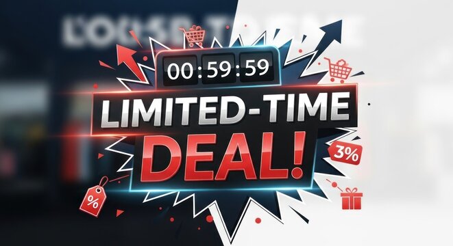 Limited-time deal countdown timer with shopping icons and sale promotions.