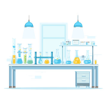 A flat illustration of a science lab with research equipment