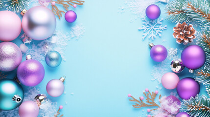 A beautiful Christmas decoration frame featuring blue, purple, and gold tree branches, berries, ornaments, decorative ribbon, snow, and little stars on a blue background with space for text. Top view.
