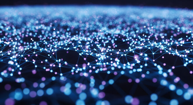 Abstract network background with glowing nodes and connecting lines on dark surface