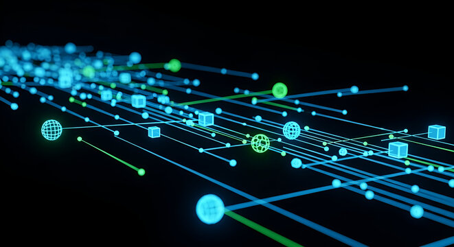 Abstract network connections with glowing lines and geometric shapes in blue and green