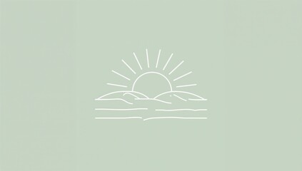 Minimalist sunrise line art on pastel green background featuring mountains and sun rays for modern decor and branding