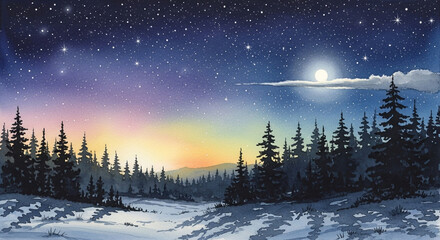 Winter night landscape with forest, snow, moon, and starry sky painting