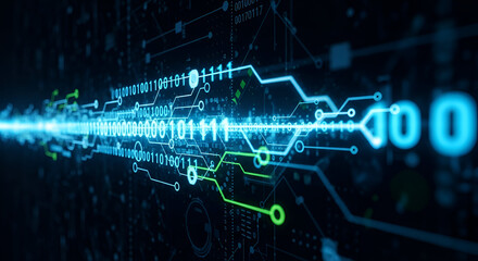 Digital Data Stream: A High-Tech Visualization of Binary Code and Circuitry Flow