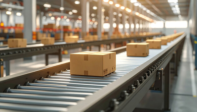 Automated conveyor belt with cardboard box parcel warehouse distribution center logistics shipping delivery packaging industrial efficiency flows smoothly with bright light and precise motion