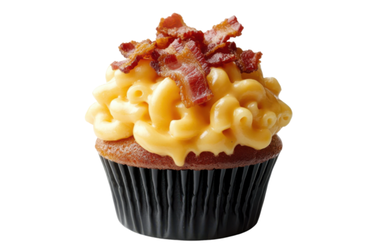 Savory macaroni and cheese cupcake with crispy bacon topping isolated on transparent background. Savory macaroni and cheese cupcake isolated on white background.