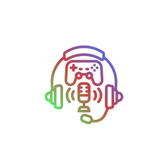 Colorful Gaming Podcast Logo with Headset Microphone and Game Controller Icon