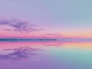 Tranquil Water Reflection of Pastel Sunset Sky Serene Landscape Vibrant Colors Calm Horizon Dreamy Atmosphere Nature Beauty Minimalist Composition Peaceful Scenery Soft Hues Abstract View