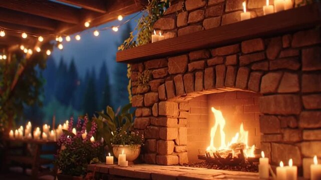 Outdoor stone fireplace at night, surrounded by soft string lights and candles, fire flickering warmly, cozy rustic setting with plants and wooden details, romantic calm atmosphere, cinematic depth, b