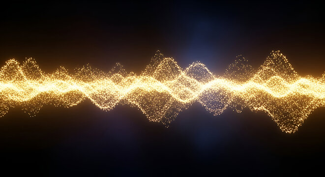 Golden light wave pulse with shimmering particles on dark background