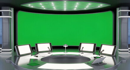 Modern virtual studio with green screen background and futuristic elements