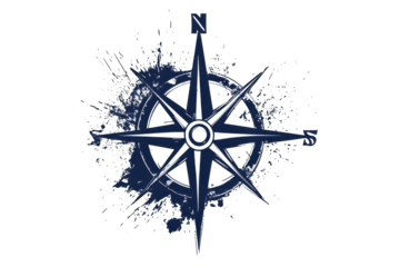 Stylized compass rose with abstract blue paint splatters isolated on transparent background. Celestial compass with starry swirls guiding navigation and exploration isolated on white background.