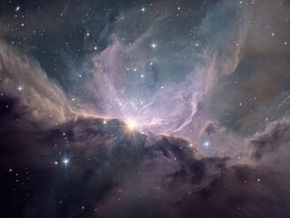 Radiant Starburst within a Dusty Nebula - Brilliant Light Emanating from a Stellar Core amidst Swirling Interstellar Clouds, Capturing a Dynamic Cosmic Scene with Scattered Stars and Ethereal Glow