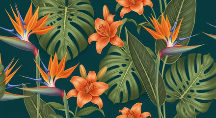 Seamless pattern with tropical flowers and leaves on dark green background