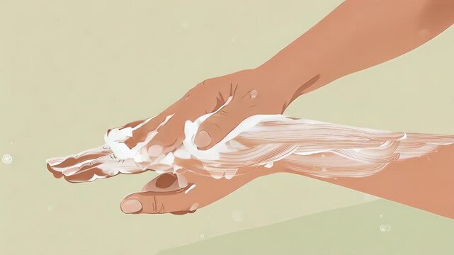 Two hands covered in suds, washing with bubbles. Beige background