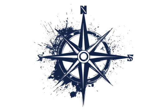 Stylized compass rose with abstract blue paint splatters isolated on transparent background. Celestial compass with starry swirls guiding navigation and exploration isolated on white background.
