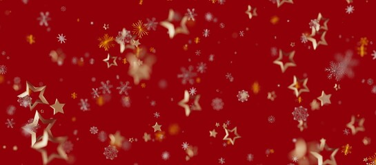 Christmas background with golden stars, snowflakes and particles on a red background. Festive holiday design, perfect for greeting ca