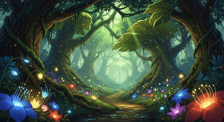 Enchanting forest path with colorful flowers and glowing lights illustration