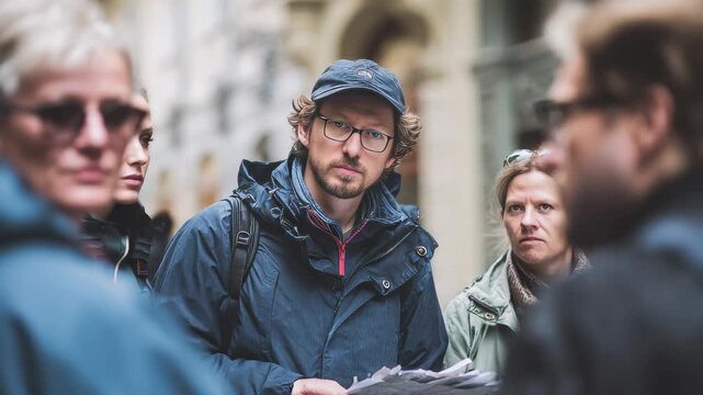 Tour guide explaining a map to a group of tourists in an old city
