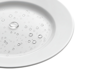 White ceramic plate with water droplets isolated on transparent background. Clean white ceramic plate with scattered water droplets isolated on white background.