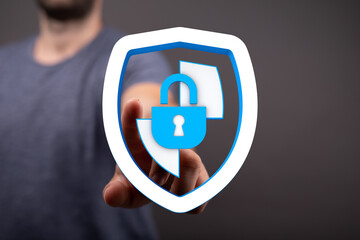 Concept of cybersecurity, data protection, and online safety. Digital shield with lock represents secure online transactions and priv