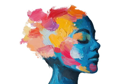 Abstract colorful paint strokes forming a human face isolated on transparent background. Portrait of a person with vibrant splashes of colorful paint across their face isolated on white background.