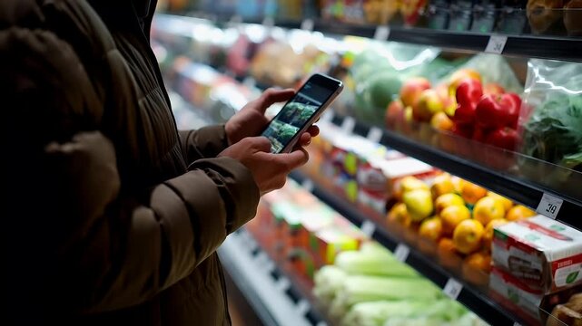 A person in a brown jacket is using a smartphone in a grocery store. The stores shelves are stocked with various fruits and vegetables. The persons hand is visible, holding the phone.