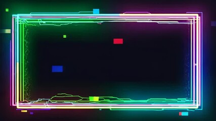 Dynamic neon digital frame pulsates with vibrant glitchy energy on a dark futuristic background creating an exciting technological overlay. - Powered by Adobe