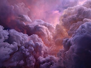 Dramatic and voluminous cumulonimbus clouds in shades of purple, pink, and orange, creating a powerful and atmospheric sky scape with intense light and shadow