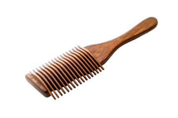 Vintage wooden hairbrush with many bristles isolated on transparent background. Antique wooden hairbrush with natural bristles isolated on white background.