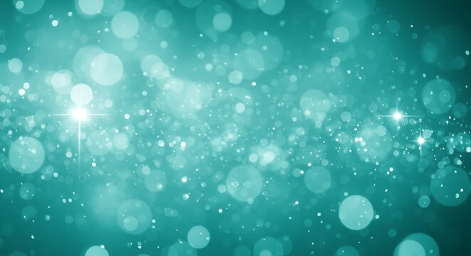 Abstract background with bokeh lights and shimmering particles in a teal and turquoise color palette, creating a magical and dreamy atmosphere