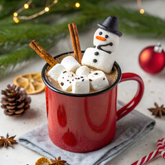 Hot Christmas mulled wine in a white mug with red cinnamon and spices on a table