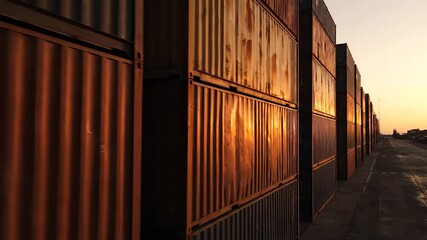 container stack metal panel with rust texture and corrugation. shipping container line toward sunset and distant horizon. reflection on aged surface. industrial port roadway and long shadow pattern. - Powered by Adobe