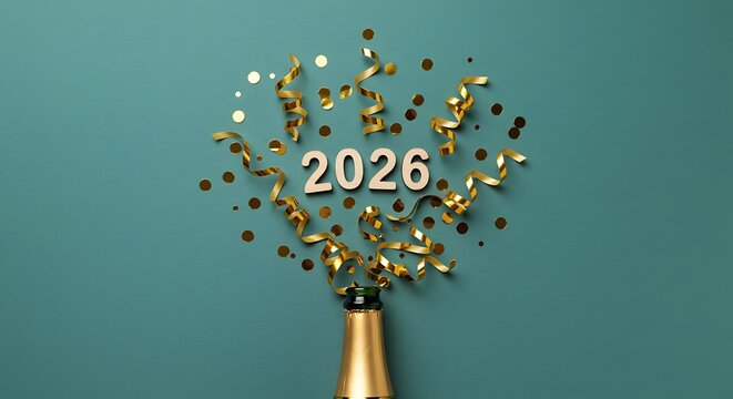 Champagne bottle with 2026 numbers and gold confetti exploding, celebrating the new year with festive streamers and sparkling decorations on a teal background