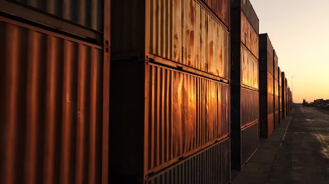 container stack metal panel with rust texture and corrugation. shipping container line toward sunset and distant horizon. reflection on aged surface. industrial port roadway and long shadow pattern.