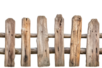 Rustic wooden fence posts isolated on transparent background.