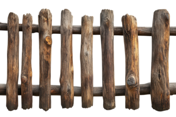 Rustic wooden fence posts isolated on transparent background.