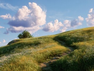 Sun-drenched grassy hill with winding dirt path under blue sky and white cumulus clouds, serene natural landscape with wildflowers and single tree on horizon