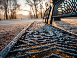 Low angle view frost-dusted perforated metal park bench, detailed ice crystals covering surface, golden hour light illuminating a tranquil winter park