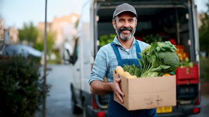 A man in a blue apron holding a cardboard box of fresh produce in front of a moving truck.