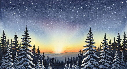 Watercolor winter landscape with snowy forest and starry sky at sunset