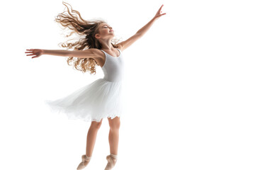 Young ballet dancer in white dress performing a graceful pose isolated on transparent background. Graceful young ballet dancer in white tutu in dynamic pose isolated on white background.